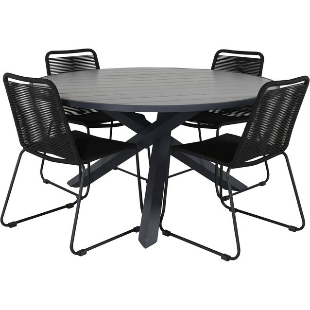 Ruokailuryhmä Venture Home, ø140cm Parma-pöytä + 4 mustaa Lindos-tuolia