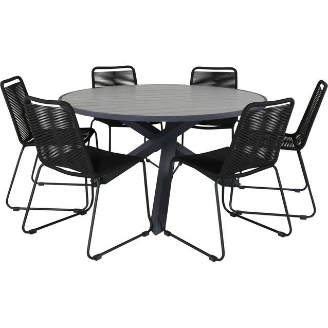 Ruokailuryhmä Venture Home, ø140cm Parma-pöytä + 6 mustaa Lindos-tuolia