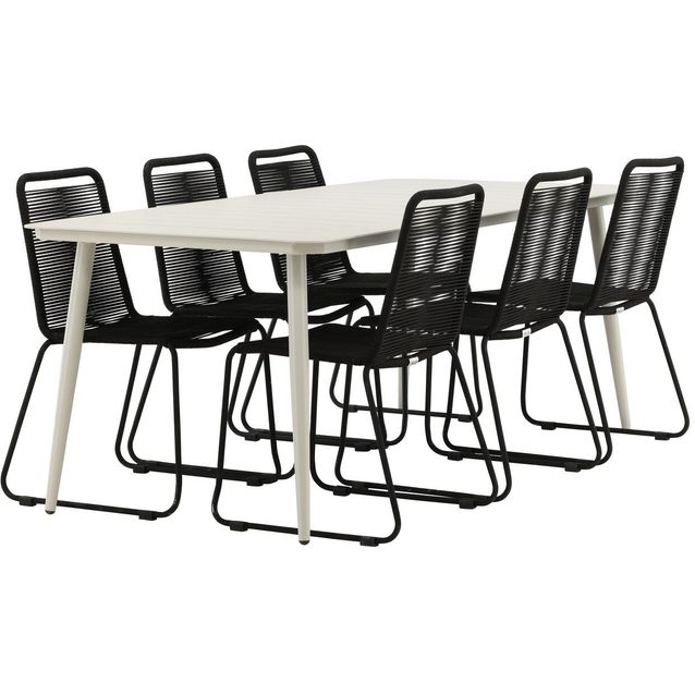 Ruokailuryhmä Venture Home, 200x90cm Lina-pöytä + 6 mustaa Lindos-tuolia