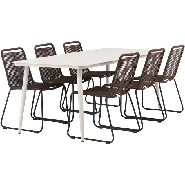 Ruokailuryhmä Venture Home, 200x90cm Lina-pöytä + 6 ruskeaa Lindos-tuolia