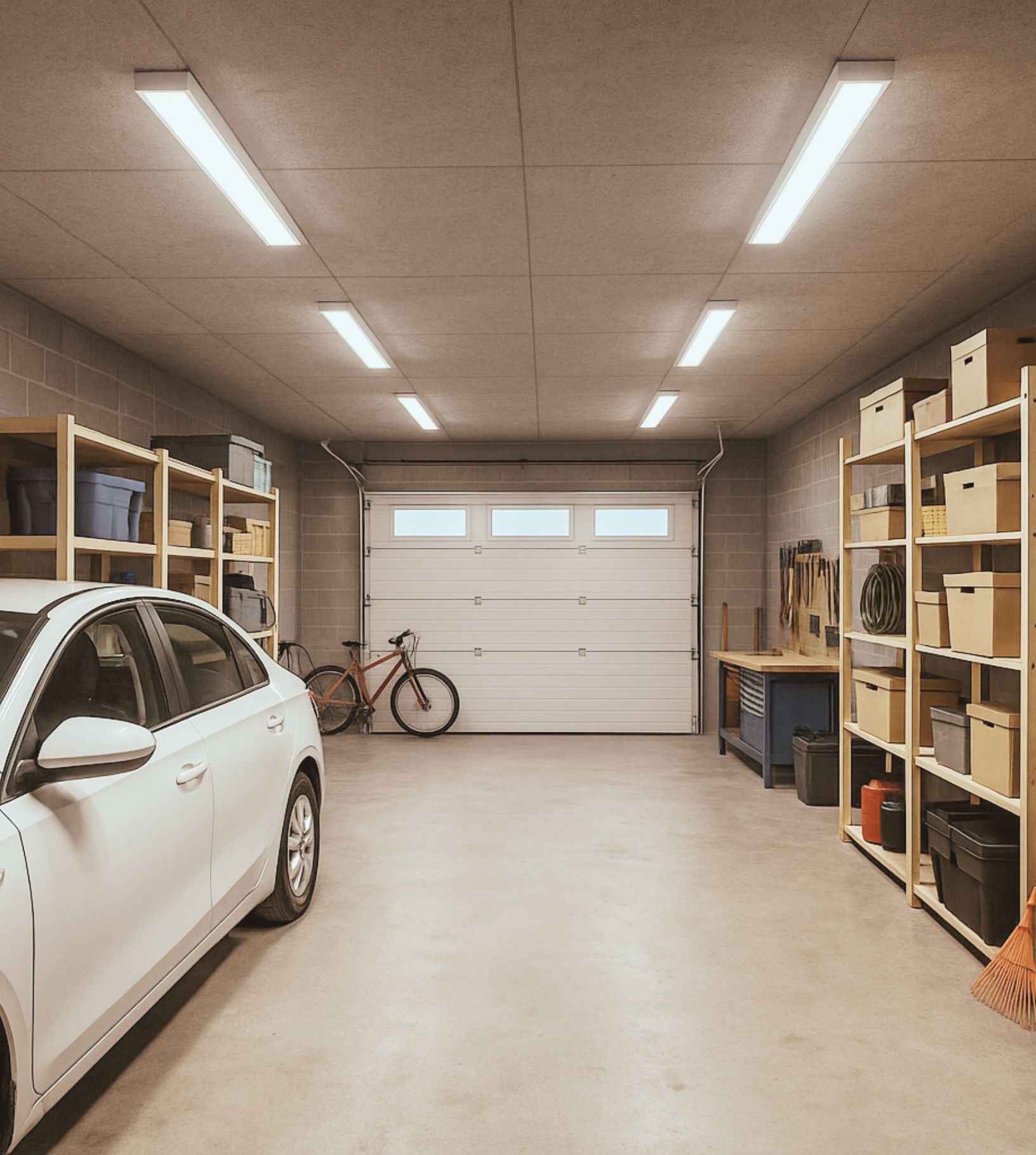 Autotallin valaisimet – esimerkkikuva autotallin valaistuksesta