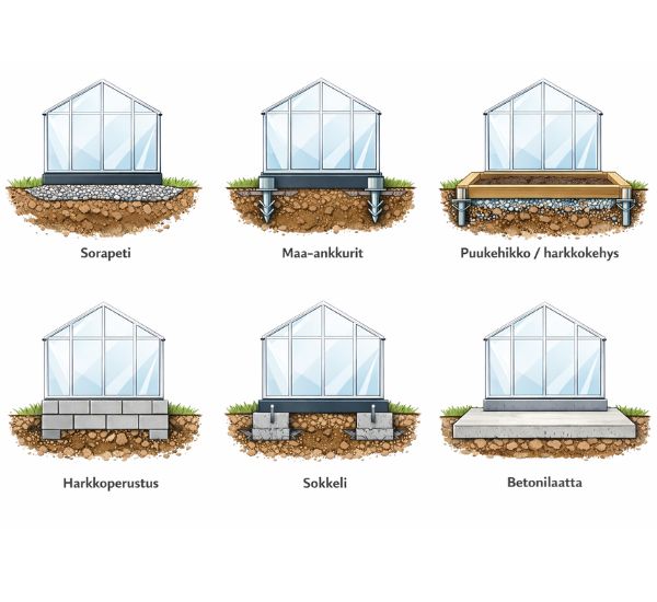 Eri kasvihuoneen perustustavat havainnollistettuna poikkileikkauskuvassa