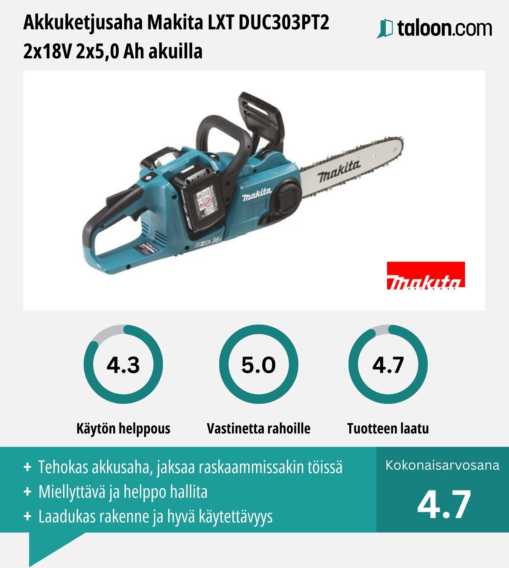 Akkuketjusaha Makita LXT DUC303PT2 kokemuksia
