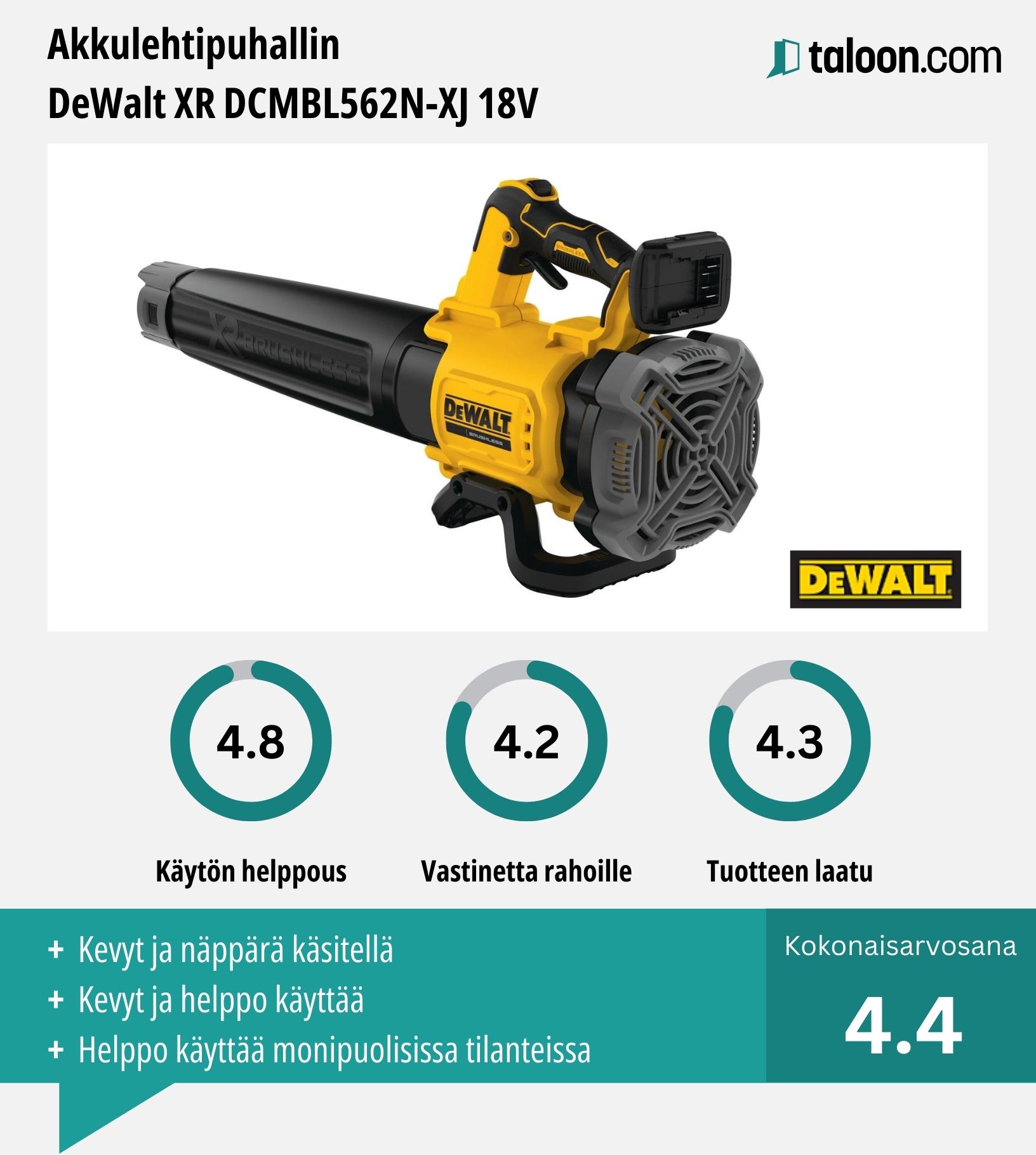 Akkulehtipuhallin DeWalt XR DCMBL562N-XJ kokemuksia